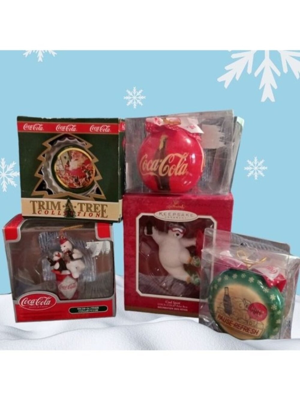 Coca-Cola Trim a tree & hallmark collection lot of 5 christmas ornaments